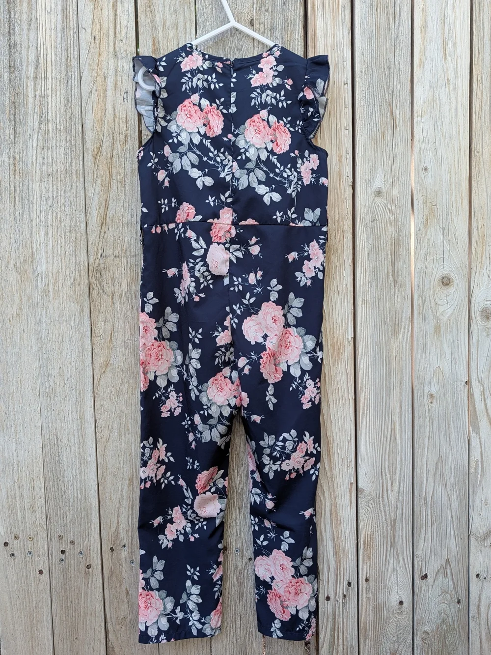 Girls Navy Floral Ruffle Sleeve One-Piece Jumpsuit